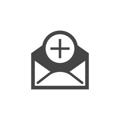Envelope with a plus sign. Receiving or sending mail, downloading file, opening post concept icon. Letter black flat pictogram. Graphic web button. Vector illustration isolated on white
