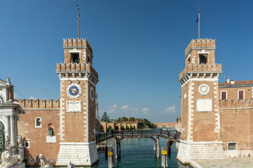 Tower at the entrace of the Arsenale of Venice, Veneto, Italy