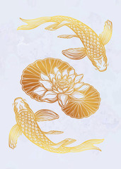 Ethnic fish Koi carp with water lotus flowers