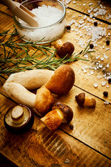 delicious fresh various mushrooms on an old wooden table with salt and rosemary