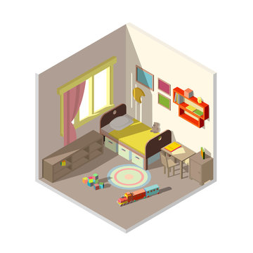 Vector 3d isometric childrens bedroom interior cross section with furniture, toys. Shelves with books, train and cubes on the floor. Room with elements for kids isolated on white background