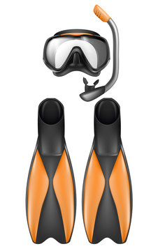Vector realistic set of diver equipment, snorkeling mask with snorkel and flippers isolated on white background. Clipart with black goggles, rubber swim fins, sport gear for scuba diving