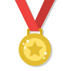 shiny gold medal on a red ribbon on a white background