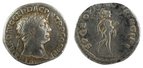 Ancient Roman silver denarius coin of Emperor Trajan.