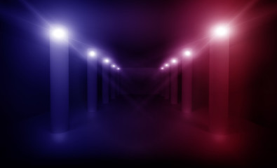 Background of an empty dark room with neon light, rays