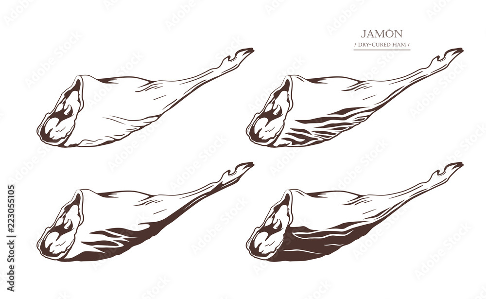 Canvas Prints gammon. jamon. dry-cured ham isolated on white background. pig leg. set of colored image with contou