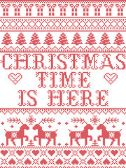  Christmas pattern Christmas time is here  carol vector seamless pattern inspired by Nordic culture festive winter in cross stitch with heart, snowflake, snow ,Christmas tree,  reindeer, santa

