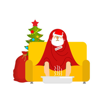 Santa sick sitting in armchair wrapped in blanket. Claus illness sneezing. Unhappy Grandfather having flu sitting on sofa. vector illustration