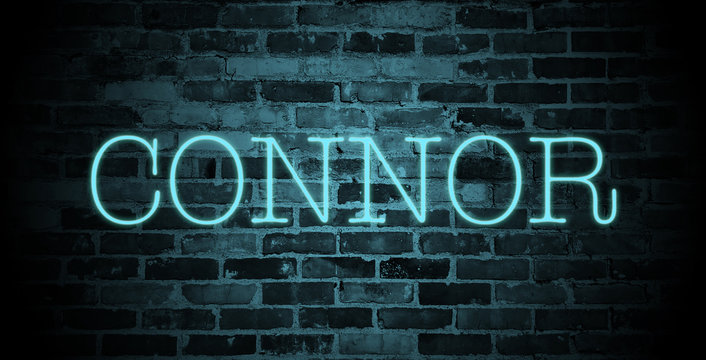 first name connor in blue neon on brick wall