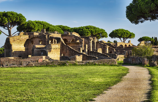 Roman ruins landscape in Ancient Ostia with the tenements of Serapide and the adjacent Seven wise men's spa and the Arrighi's tenement