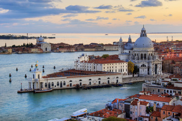 Beautiful views of Santa Maria della Salute and the Venetian lagoon in Venice, Italy