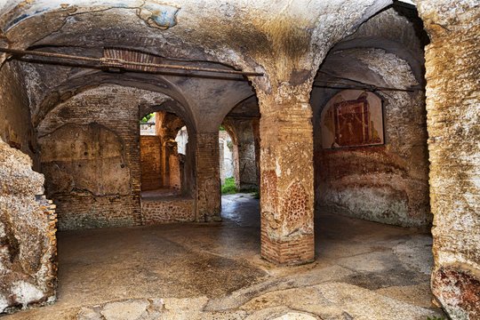 Rooms of the frigidarium inside the building of the  seven wise men spas in the archaeological excavations of Ancient Ostia - Rome