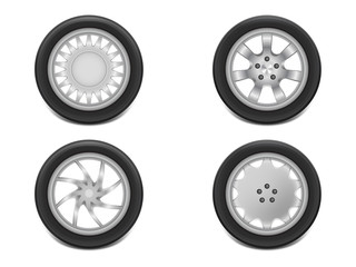 Vector 3d realistic black tires in side view, shining steel and rubber wheel for car, automobile, isolated on white. Modern rim, tread - automotive equipment for mechanic shop, service. © vectorpocket