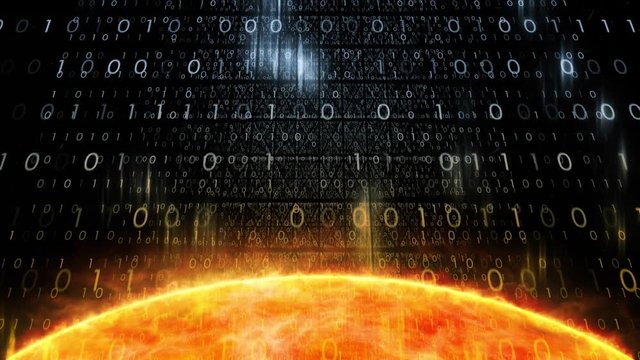 Artistic Universe with Sun surface and computer binary numbers. View from space.