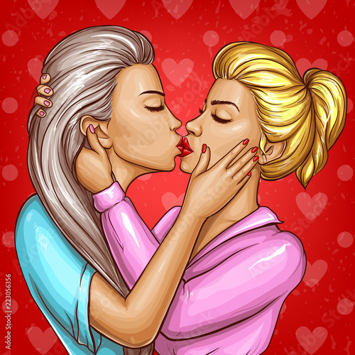 Vector Pop Art Sexy Women Kissing Each Other Lesbian Love Girls With Red Lips Vector Pop Art Sexy Women Kissing Each Other Lesbian Love Girls With Red Lips