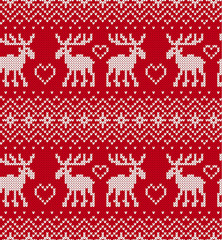 Fototapeta na wymiar Christmas knit geometric ornament with moose and heart shapes. Knitted textured background Knitted pattern for a sweater