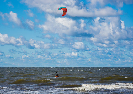 Kiteboarding. Extreme Sport Kitesurfing. Sea, clouds and kitesurfing.