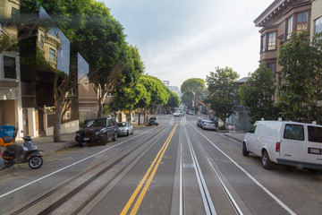 Obraz premium View of the street from a tram, trolly bus in San Fransisco.