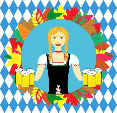 Waitress wit beer mugs decorated With Colorful Leaves