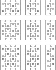 Vector illustration of nine different white puzzles, separate pieces
