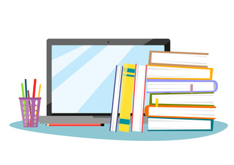 Laptop with pencils and stacks of books in the style of flat