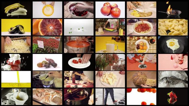 A maxi screen made of many small clips playing, the theme is food: fruit, vegetables, meat, fish, baking, cooking, preparing, eating, and coffee.
