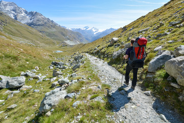 Fototapeta premium Turysta spacerujący ścieżką w górach w pobliżu Matterhorn