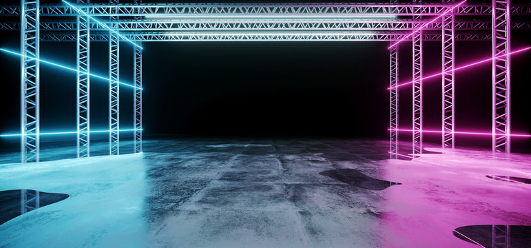 Modern Abstract Sci Fi Futuristic Stage Construction With Neon Glowing Purple And Blue Lights On Concrete Wet Reflection Floor Empty Wallpaper 3D Rendering