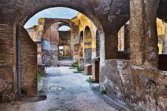 Inside view of the seven wise men tenement spa in the ancient Roman ruins of Ostia Antica - Rome