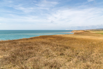 Looking at an Isle of Wight coastal landscape on a sunny late summer's day