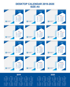 Desk calendar for 12 months, 2019-2020 year, modern graphic design, A5 template for photo and text, blue geometric background