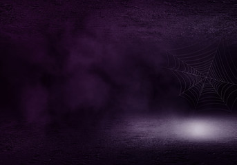 Background of empty room with spotlights and lights, abstract purple background with neon glow