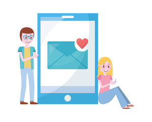 young man and woman with smartphone email love