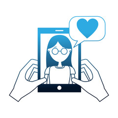 hands holding smartphone with woman talking love