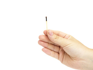 Match in hand on white background. Hand holding matchstick