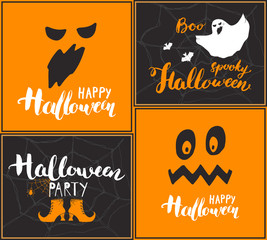 Halloween greeting cards set. Lettering calligraphy sign and hand drawn elements, party invitation or holiday banner design vector illustration