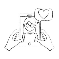 hands holding smartphone with woman talking love