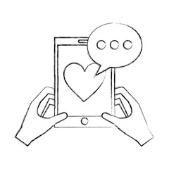hands with smartphone love heart speech bubble