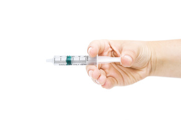 Fototapeta premium Hand with syringe on white background. Hand holding syringe