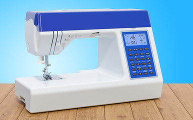 Modern electronic sewing machine on the wooden table, 3D rendering