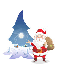 Christmas illustration - Winter moonlight in form of pine with cute Santa Claus