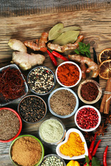 Spices and herbs on table. Food and cuisine ingredients.