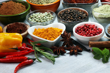 Spices and herbs on table. Food and cuisine ingredients.