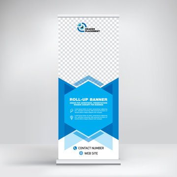 Roll-up design, modern graphic style, banner for advertising goods and services, stand for exhibitions, presentations, conferences, seminars. Abstract blue background. Template for photos and text.