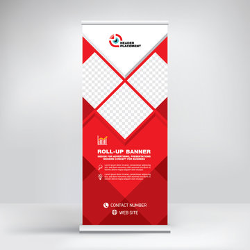 Roll-up design, modern graphic style, banner for advertising goods and services, stand for exhibitions, presentations, conferences, seminars. Abstract red background. Template for photos and text.