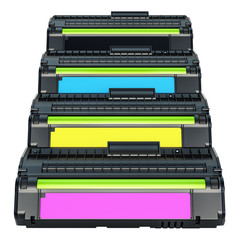 Set of color laser toner cartridges, 3D rendering