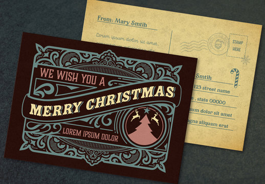 Christmas Postcard Layout with Ornamental Elements