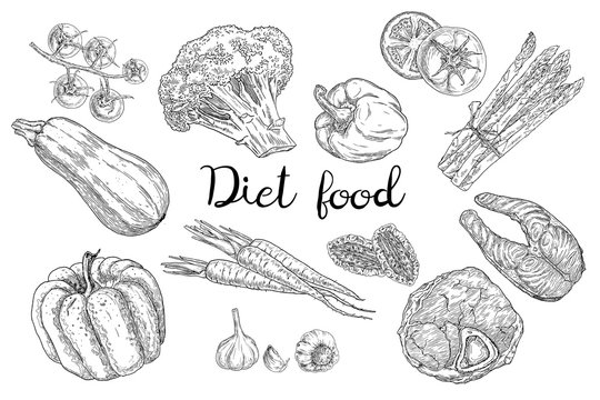 Diet food sketches. Hand drawn low carb vegetables, meat and fish for healthy eating.