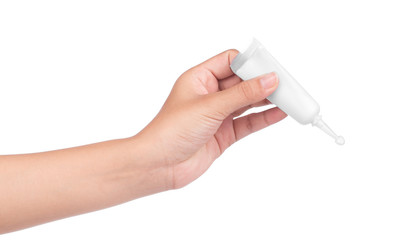 hand holding Tubes of Glue isolated on White Background