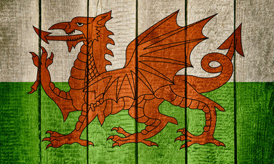 Flag of Wales on a Wooden background. A Red Dragon on a green wood texture.